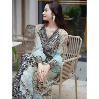 Романтичное и изящное весеннее традиционное китайское этническое облегающее платье макси с цветочным принтом и V-образным вырезом M