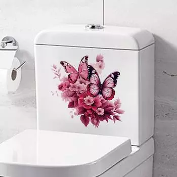Романтичные акварельные настенные наклейки Цветы Бабочки Танец Водонепроницаемые наклейки для туалета Наклейки на сиденья Крышки для туалета 30x30cm розовый