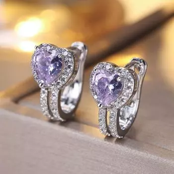 Романтичные фиолетовые циркониевые серьги-кольца в форме сердца для женщин, серебряные серьги-подвески, свадебные украшения, подарок светло-фиолетовый/серебряный
