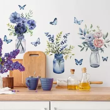 Романтичные фиолетовые цветы зеленая ваза для растений бабочка спальня гостиная украшение дома настенные наклейки 30*90CM/fun-d3