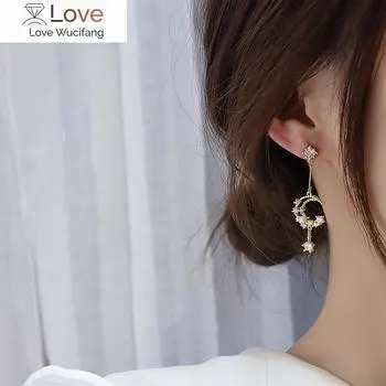 Романтичные инкрустированные разноцветные Cz жемчужные лунные женские серьги-подвески из 14-каратного золота с прозрачным цирконием, подвеска на каждый день золотой