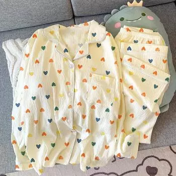 Романтичные красочные женские пижамы с принтом в виде сердечек и любви, весенние, новые, милые, модные, молочные, шелковые, мятые, из ткани, пижамы M