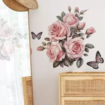 Романтичные розы бабочки спальня крыльцо украшают декоративные настенные наклейки самоклеящиеся 30*60CM*2PCS/fun-b4