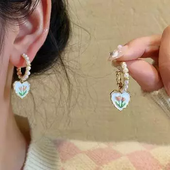 Романтичные серьги-гвоздики в виде тюльпанов, милые серьги-гвоздики в виде тюльпанов в форме сердца, серьги-гвоздики в виде жемчужных цветов для девочек style 2