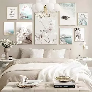 Романтичные синие пляжные постеры, побережье, цветок магнолии, принт, настенная картина, картина на холсте, тема природы, синий, белый, декор для спальни 21x30cm No Framed