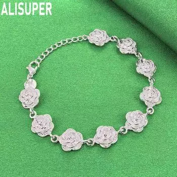 Романтичный браслет из стерлингового серебра 925 пробы с розой, модные свадебные украшения 20CM