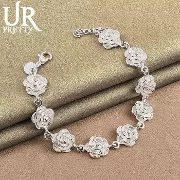 Романтичный браслет из стерлингового серебра 925 пробы с розой, модные свадебные украшения 20CM