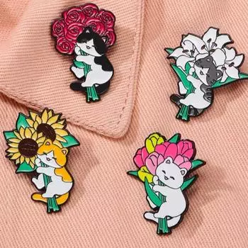 Романтичный Кот Эмаль Брошь Роза Кошка Металлический Значок Пальто Кошка Держит Цветы Брошь Аксессуары Для Одежды style 1
