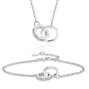 Романтичный модный геометрический двойной комплект колец с пряжкой, женский модный браслет с бриллиантами и восьмиугольным циркониевым кулоном