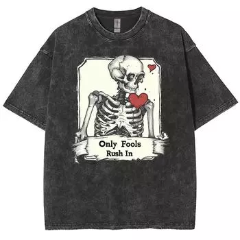 Романтичный принт черепа и сердца женская футболка стираный деним хлопок удобный короткий рукав унисекс мужчины женщины черная футболка S