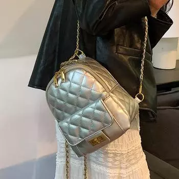 Ромбовидная цепочка школьная сумка маленькая женская сумка 2024 новый модный студенческий рюкзак сумка-мессенджер универсальный текстурный рюкзак No specification чёрный