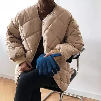 Ромбовидная куртка с хлопковой подкладкой, пальто для женщин, зимние парки 2024 года, новые пуховики без воротника, свободная верхняя одежда для женщин, топ Tide S абрикосовый