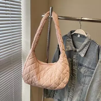 Ромбовидная модная мягкая хлопковая зимняя дизайнерская плиссированная большая вместительная хлопковая одежда повседневная вышитая нить сумка через плечо розовый