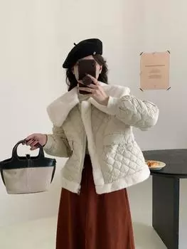 Ромбовидная сетка 2024 зимняя теплая мягкая пушистая сращивающаяся куртка с большим лацканом на талии женская куртка S recommended within 60kg
