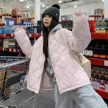 Ромбовидная студенческая тонкая хлопковая одежда женская 2024 осень и зима новая короткая корейская мода свободное пальто хлопковая одежда прилив S [Recommended 80-57.5 kg] чёрный