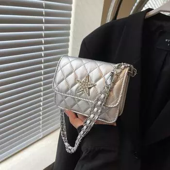 Ромбовидная вышивка нитью яркий бриллиант пятиконечная звезда цепочка маленькая квадратная сумка 2024 лето популярный иностранный стиль плечо чёрный