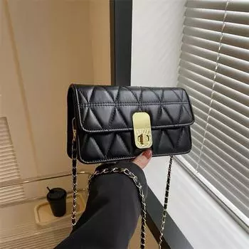 Ромбовидная вышивка нитью замок темперамент однотонный стеганый цепь маленькая женская сумка 2024 осень новый иностранный стиль сумка-мессенджер прилив темно-коричневого