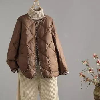 Ромбовидный однотонный 2024 зимнее теплое маленькое ароматное пальто свободное круглое горло простая модная куртка-пуховик толстое пальто прилив S