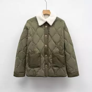 Ромбовидный осенне-зимний новый продукт с лацканами, плюшевый воротник, модная корейская инструментальная куртка, свободный пуховик для женщин S зелёный