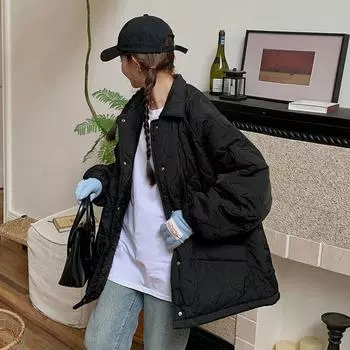Ромбовидный пуховый хлопок, женская куртка 2024 года, осень-зима, новая куртка в стиле колледжа, свободная внутренняя часть, шерсть ягненка, корейская версия, одежда для хлеба S розовый