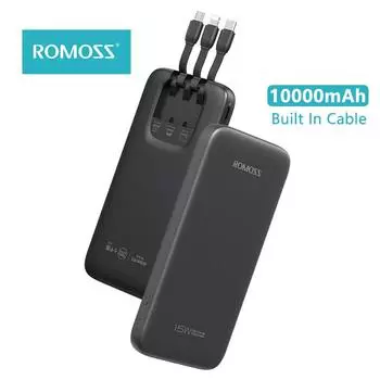 ROMOSS PHC10 Power Bank 10000 мАч, 22,5 Вт, быстрая зарядка, встроенный три зарядных кабеля для Lightning Type-C, микропортативный PowerBank для путешествий на открытом воздухе 15W чёрный