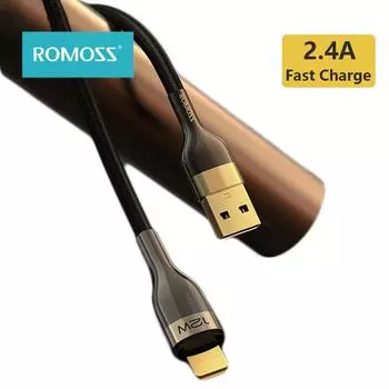 ROMOSS Real Gold Интерфейсный зарядный кабель с освещением, 1 м, 8-контактный кабель для передачи данных для iphone 11 11pro 12pro 13 2,4A, быстрая зарядка через USB, все совместимые чёрный