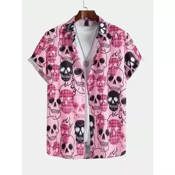 ROMWE Гранж-панк мужская летняя повседневная рубашка с коротким рукавом и принтом черепа, школьная S