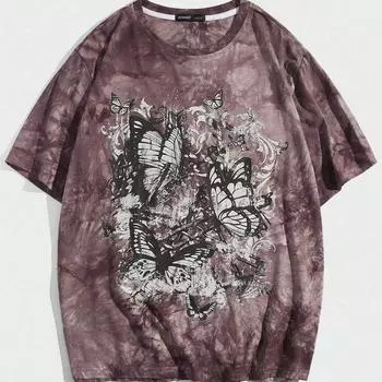 ROMWE Мужская хлопковая футболка с принтом бабочки в стиле тай-дай Y2k XS