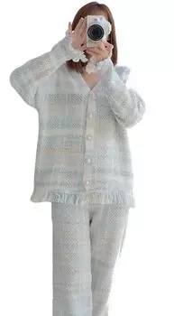 Room Cute Top and Bottom 2 Piece Pearl One Size Fits Most [RAVIR] Women s Wear, Winter, Fluffy, Pajamas, Set, Set, Buttons, Fringe, Fluffy, белый