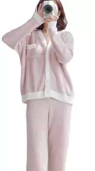 Room Cute Top and Bottom 2 Piece Dull Pearl Beige Free Size [RAVIR] Женская одежда, Зима, Пушистый, Пижама, Комплект, Комплект, Цвет, Пуговицы, Карманы, Розовый,