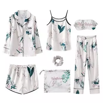Room Satin Long Summer [Rose Halcyon] Пижама, женская одежда, одежда для сна, домашняя одежда, комплект из 7 предметов, милый, рукава, брюки, брюки, майка, осень,
