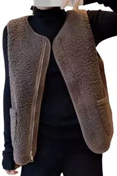 Room Wear with Zip Open Room Round Pocket Body Front Setup Cold Heat Cold Fluffy Fluffy Vest with Pockets vest sleeveless collarless vest Brown