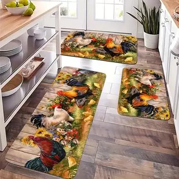 Rooster Sunflower Kitchen Rugs Farmhouse Garden Courtyard Carpets Decor Balcony Hallway Mats Bedroom Entrance Non-slip Floor Mat 40x60cm 16x24inch
