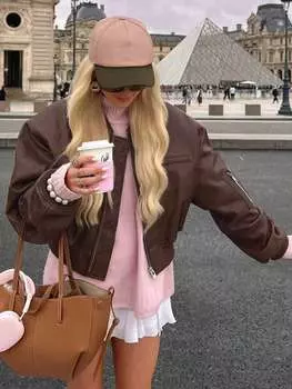 Rose Beauty A 90s Punk молния с заниженной линией плеч бейсбольный воротник из искусственной кожи свободного кроя бомбер байкерская куртка укороченные пальто L коричневый