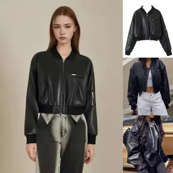 Rose Beauty A 90s Punk молния с заниженной линией плеча бейсбольный воротник искусственная кожа свободная куртка-авиатор мотоциклетная укороченная куртка для женщин S