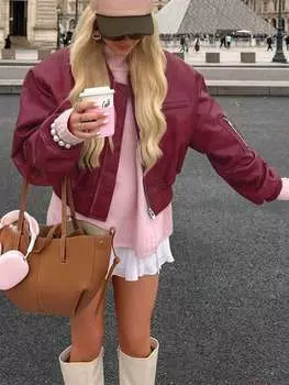 Rose Beauty A 90s Punk молния с заниженной линией плеч бейсбольный воротник из искусственной кожи свободного кроя бомбер байкерская куртка укороченные пальто L бордовый