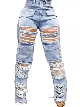 Rose Beauty A 90s Y2K Street Высокая талия Потертые карманы с клапаном и рваным декором Брюки-карго Повседневные джинсы XS синий