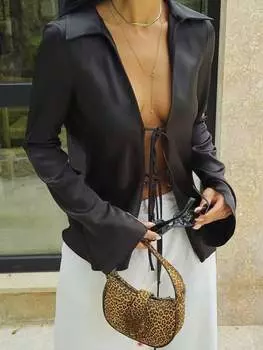 Rose Beauty A атласная открытая бабочка спереди длинный рукав воротник расклешенные манжеты разрез блузка облегающая рубашка с бретельками дизайн XS чёрный