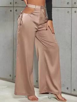 Rose Beauty A Атласные вырезанные узлом сбоку широкие обычные брюки XL абрикосовый