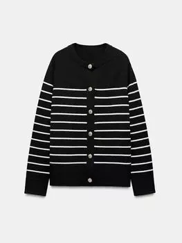 Rose Beauty A Casual Button Regular Sleeve Round Neck Regular Fit Striped Printed Women s Cardigan, Casual Daily Wear, Осень/Зима S чёрный