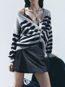 Rose Beauty A Длинный рукав Глубокий V-образный вырез Полосатый женский кардиган с пуговицами украшения, повседневный стиль S серый/чёрный