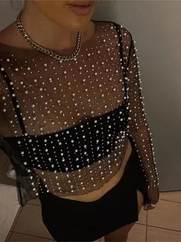 Rose Beauty A Festival Pearls Бисероплетение Стразы Прозрачная сетка Укороченный Клубный топ Без бюстгальтера L бежевый