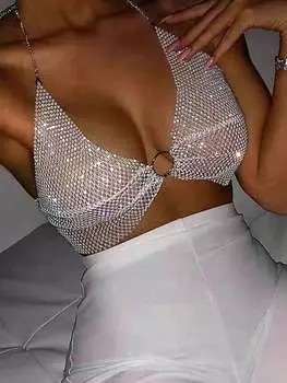 Rose Beauty A Festival Стразы Body Chest Chain O-ring Party Bra Linked Backless Crop Halter Club Top S белый