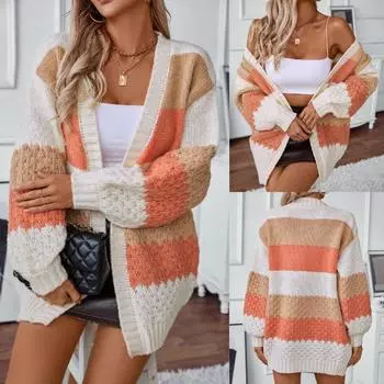 Rose Beauty A контрастный цвет полосатый вязаный кардиган, женский новый повседневный свободный кардиган с рукавами-фонариками для осени и зимы S оранжевый