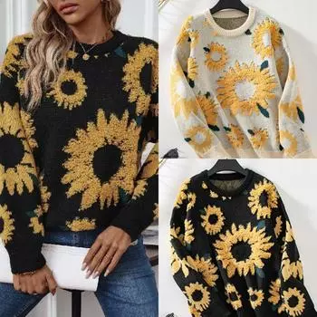 Rose Beauty A Осень Зима Новый Топ Подсолнух Полотенце Вышивка Круглый Вырез Длинный Рукав Вязаный Пуловер Свитер Женщин S чёрный