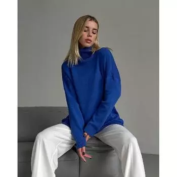 Rose Beauty A Осенне-зимний однотонный свитер с высоким воротом, свободный вязаный кардиган S сапфир синий