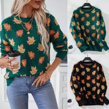 Rose Beauty A Осенне-зимний свитер для женщин с узором «кленовый лист» Жаккардовый свитер для отдыха Трикотажная женская одежда S темно-зеленого