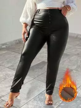 Rose Beauty A Plus Classic с высокой талией и пуговицами спереди, эластичная искусственная кожа с термоподкладкой, облегающие зауженные брюки из искусственной кожи, леггинсы 0XL чёрный