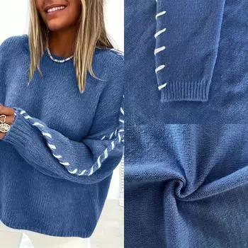 Rose Beauty A Plus Size Однотонный вязаный свитер с верхней строчкой, повседневный свитер с круглым вырезом и длинными рукавами для осени и зимы, женская одежда больших размеров 1XL синий