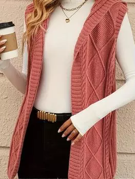 Rose Beauty A Plus Size Solid Cable Knit Cardigan Open Front, Elegant Sleeveless Hooded Knited Cardigan, Women s Plus Size Clothing 1XL арбуз красный